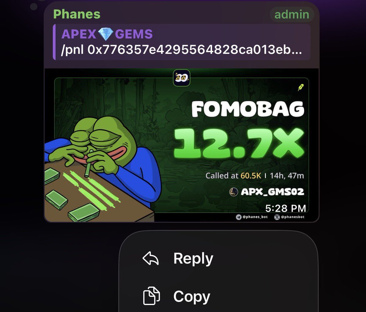PrysmAlpha's tweet photo. 12X from my $FOMOBAG call π
Early-stage Solana gems spotted before the crowd. Private TG alpha π¨οΈπ¨οΈπ
Join my TG for the best entry calls π²
CA: 0x776357e4295564828ca013ebc601d85ade708f3f
#FOMOBAG #Solana #SolanaMemecoins #Memecoin #Crypto #DeFi #OnChainAlpha #Alpha #FOMO #Robinhood