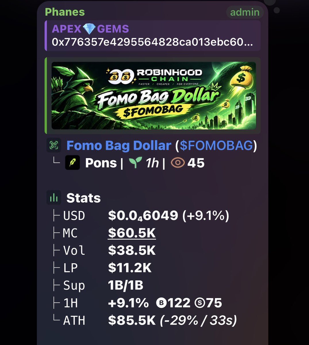 PrysmAlpha's tweet photo. 12X from my $FOMOBAG call π
Early-stage Solana gems spotted before the crowd. Private TG alpha π¨οΈπ¨οΈπ
Join my TG for the best entry calls π²
CA: 0x776357e4295564828ca013ebc601d85ade708f3f
#FOMOBAG #Solana #SolanaMemecoins #Memecoin #Crypto #DeFi #OnChainAlpha #Alpha #FOMO #Robinhood