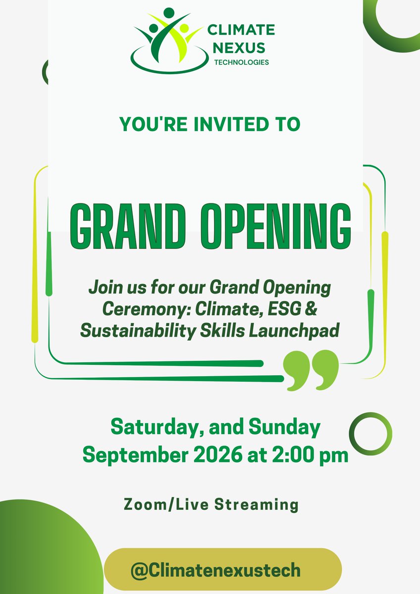ClimateNexusNG's tweet photo. WELCOME TO OUR GRAND OPENING CEREMONY!
You are warmly welcome to the Grand Opening Ceremony of the 12-Week Climate, ESG &amp; Sustainability Skills Launchpad.
We are excited to officially begin this transformative learning journey with you. 
Climate Nexus Technologies (CNT). https://t.co/2akklrCE0Z