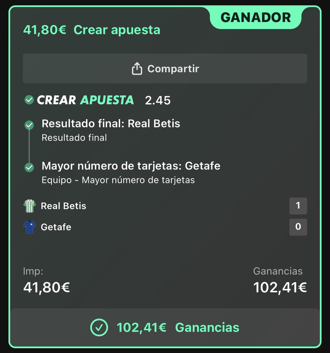 CazaBets's tweet photo. ✅ ¡BOOOOOOM! VERDAZO DE MANUAL ✅
Lectura milimétrica: victoria del Betis y el Getafe asumiendo todas las tarjetas. El análisis estadístico no miente. 📊🔥
🎯 Cuota 2.45 al bolsillo. ¡A pasar por caja los que confiasteis! 💸
👇Más jugadas de altísimo valor GRATIS en mi Telegram. https://t.co/UxzVJsgdZo
