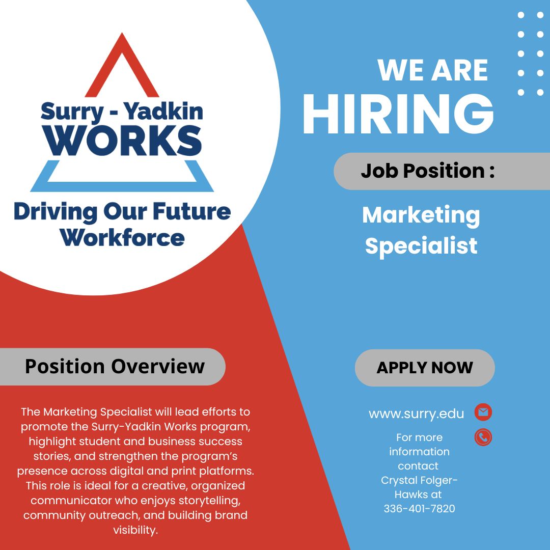 SurYadWorks's tweet photo. 📣 We’re Hiring! 📣

Surry-Yadkin Works is looking for a Part-Time Marketing Specialist to help tell the story of our students, business partners, and workforce programs! 💙❤️ https://t.co/ztpA4nhkef