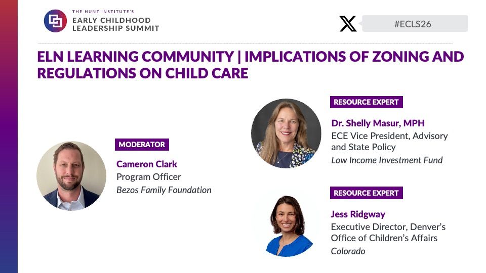 Hunt_Institute's tweet photo. Restrictive zoning and regulations often stall childcare supply. Cameron Clark (@BezosFoundation), Dr. Shelly Masur (@Liifund), and Jess Ridgway examine actionable regulatory reforms that local leaders can implement to build capacity.  #ECLS26 https://t.co/hXpRARSzxC