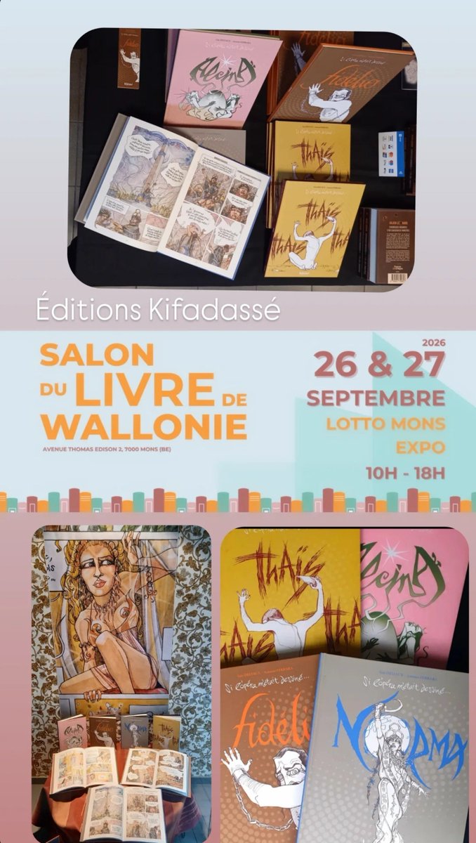 kifadasse's tweet photo. Les Éditions Kifadassé et Antonio Ferrara seront présents au Salon du Livre de Wallonie à Mons les 26 &amp; 27 septembre 2026.  
#Kifadassé #mons #Salondulivre https://t.co/7VM6IJBB2E