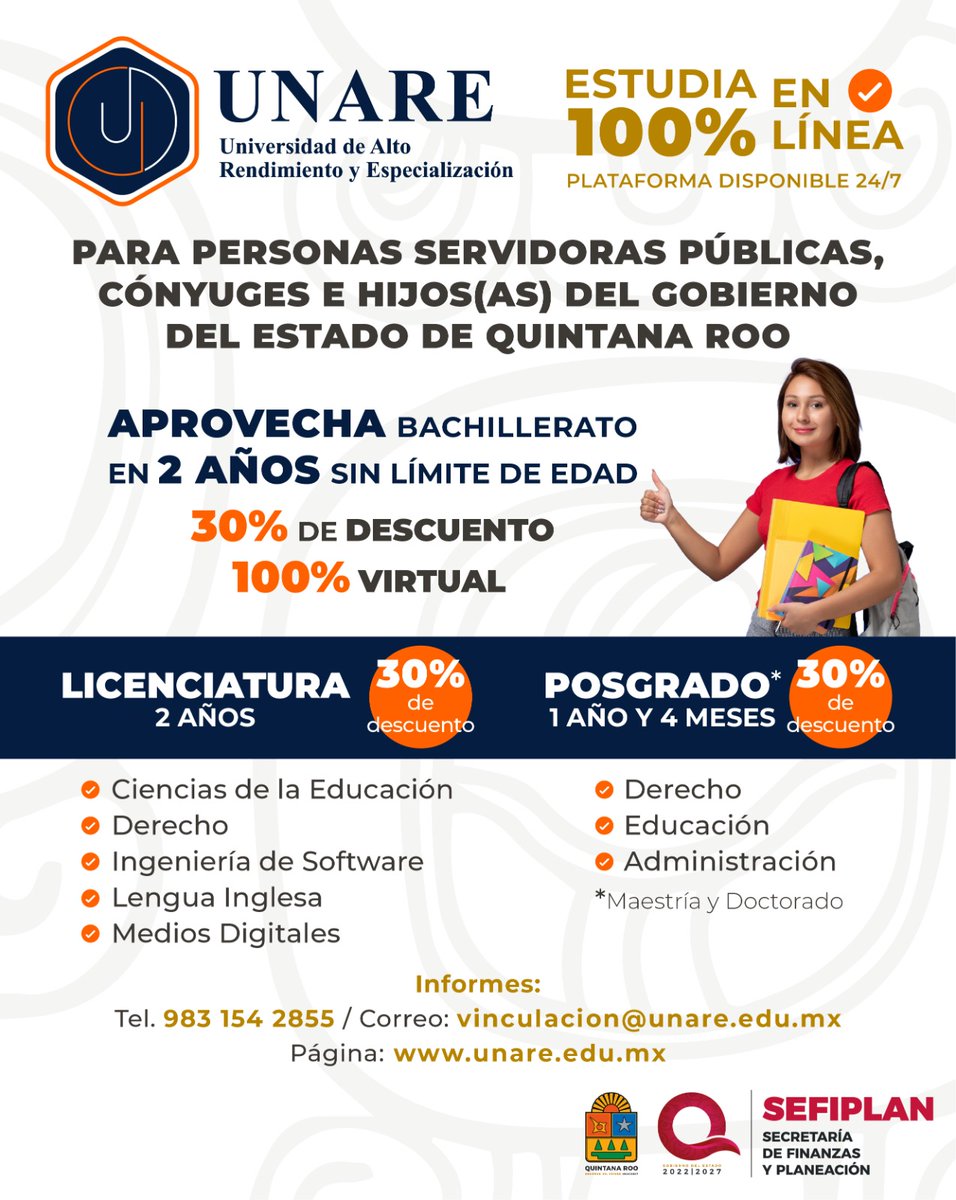MiPortalQRoo's tweet photo. 🎓 ¡Sigue creciendo profesionalmente!
En la @Sefiplanqroo, a través del #NuevoAcuerdo y en alianza con la #UNARE, impulsamos tu desarrollo con opciones educativas 100% virtuales:
✅ Bachillerato y licenciatura en solo 2 años
✅ Posgrado dual en 1 año 4 meses
📞 983 154 2855 https://t.co/mvBzToKV4r