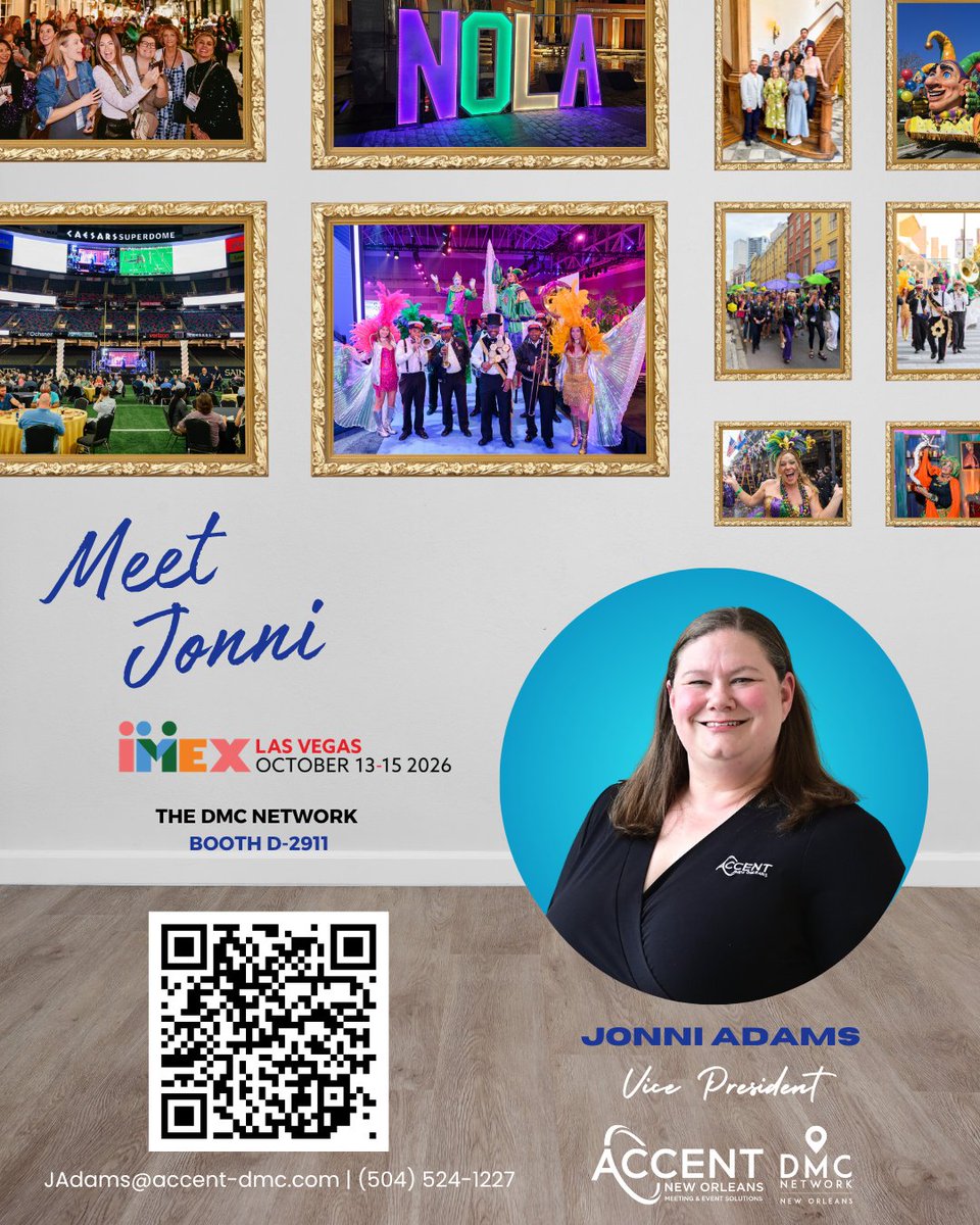 accentdmc's tweet photo. Ready to roll ~~~~~ 🎲🎲

Jonni is taking a little New Orleans know-how to Vegas for #IMEX2026.

Find her with our partners at the DMC Network Booth D-2911. Stop by, say hello, or grab some time with her while you’re there.

📅 Book a spot with Jonni: https://t.co/L78YJjK85T https://t.co/LyX16dtV8v