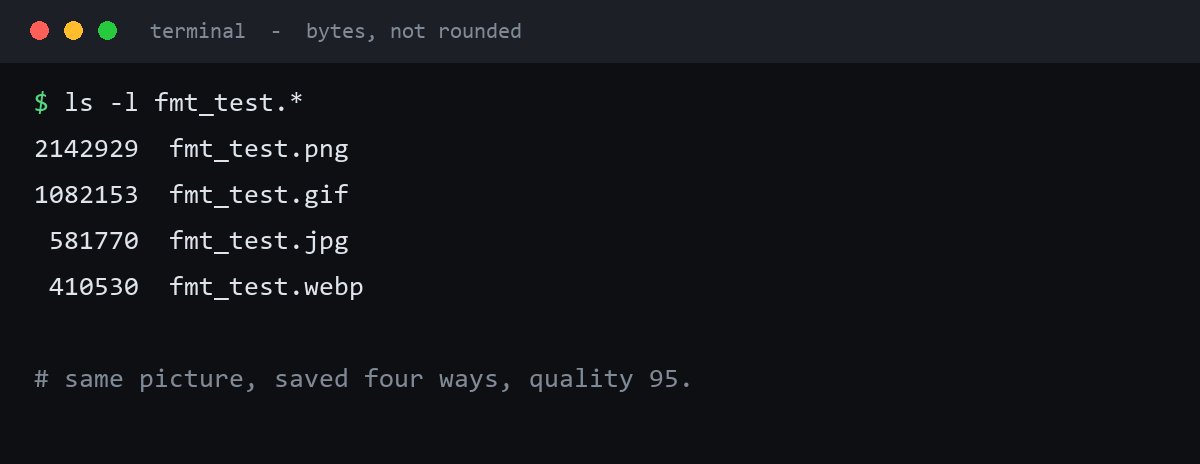 kayforkind's tweet photo. i saved the same picture four ways:

png 2.14 MB
gif 1.08 MB
jpeg 0.58 MB
webp 0.41 MB

jpeg and webp are a quarter of the size because they throw away detail they think you won't notice, and they never give it back. png keeps every pixel and charges you for it.

every screenshot you send is that trade.

did you know which one to pick before now?