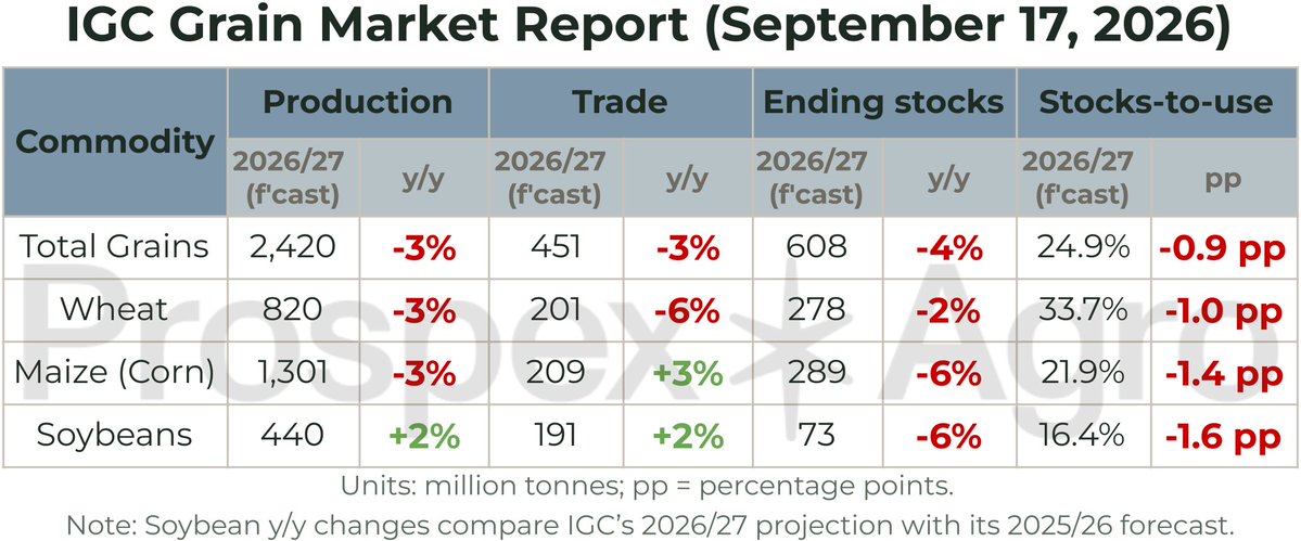 ProspexAgro's tweet photo. 🇺🇳 Global Grain Balance Tightens As Price Pressure Builds 📈

🌾 The IGC outlook keeps the global grain market on a tighter footing. Production has been revised higher by 4m t m/m, but remains below last season, while weaker crops across Oceania, Europe and the Americas contrast with better harvest prospects in North Africa and Near East Asia – potentially limiting import demand from those regions.

🚢 Trade conditions remain challenging. Black Sea disruptions have left wheat flows unusually slow, while total grain trade is expected to fall by 16m t y/y. At the same time, global grain use is projected at 2,444m t, with stronger food and industrial demand offsetting weaker feed use.

📉 Inventories remain the key pressure point. Global grain stocks are expected to finish the season 24m t below opening levels, with wheat and maize accounting for much of the tightening. Soybeans show a similar contrast: stronger production and trade are being absorbed by solid demand, while reserves among major exporters could fall by almost one-fifth y/y.

📊 Prices are already reflecting the changing balance. The IGC GOI climbed 6% to a three-year high and stands 20% above last year, with wheat up 6%, maize 5% and soybeans 7% over the latest reporting period.

❓Which factor is likely to matter more for global trade flows: tighter inventories or weaker import demand in key regions?
#GrainMarkets #BlackSea
