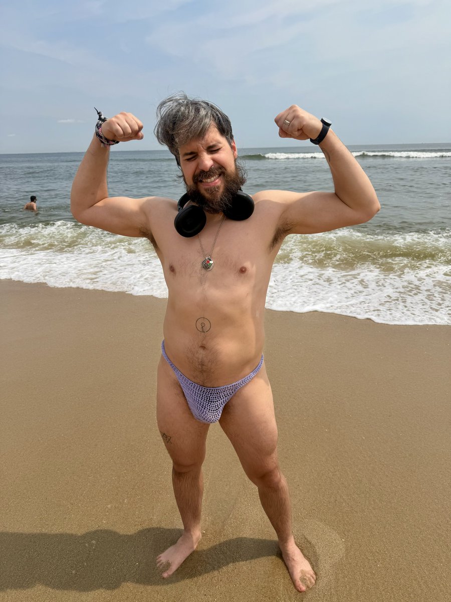 knottyboynyc's tweet photo. Our bestie @adrianisinspace (on insta), looking absolutely perfect in our lavender thong! 😍🥰 

#knottyboynyc #crochetfashion #gaynyc #mensbeachwear #gayunderwear https://t.co/ObBfsv37rf
