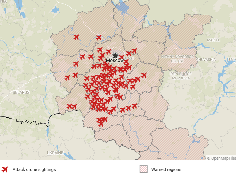 Osinttechnical's tweet photo. Ukrainian attack drones are mounting a major raid on and around the Russian capital, Moscow, tonight. 

Local channels report a few hundred drones in the air, with flights into Moscow-area airports holding. https://t.co/GkifUPYFR9