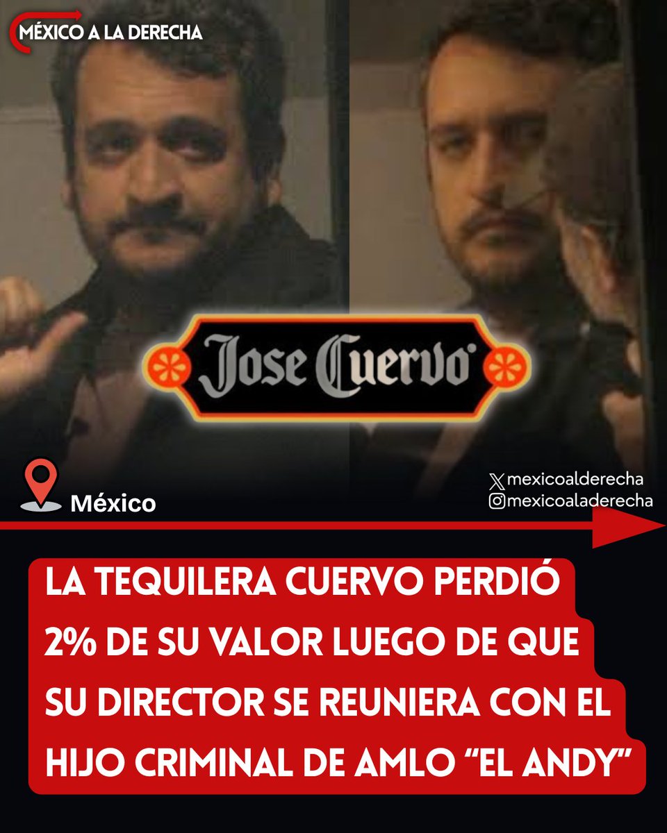 MexicoalDerecha's tweet photo. 🚨🇲🇽/ NO DEBIÓ HACER ESO

El valor de la Tequilera José Cuervo cayó un 2% luego de que su director, Juan Domingo Beckmann, fuera captado en una reunión en un restaurante de lujo con los hijos del narcoexpresidente AMLO, "El Andy" y "El Bobby" López Beltrán. https://t.co/K40d1JeDQP