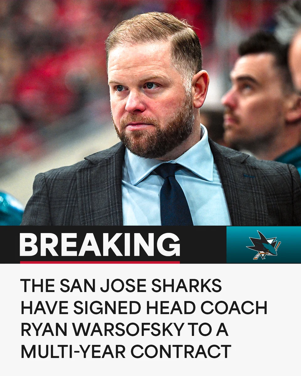 Top: Photo of Ryan Warsofsky

Bottom: Large white text on a black background reads, "Breaking". To the right is the San Jose Sharks logo on a teal box. Below is black text on a white background reading, "The San Jose Sharks have signed head coach Ryan Warsofsky to a multi-year contract"