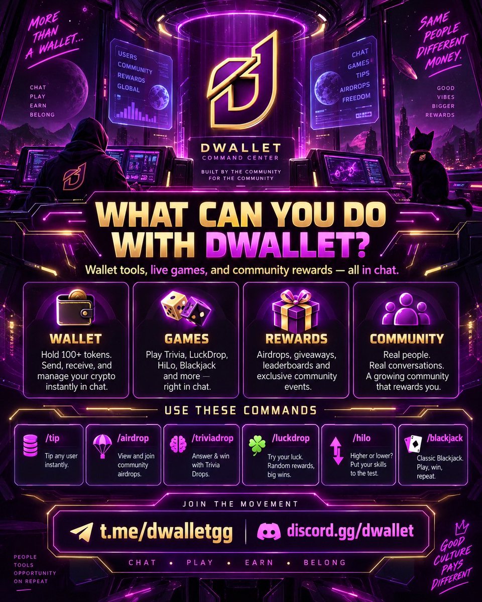 DWalletBot's tweet photo. What can you do with DWallet?

Tip your people.
Check your balance.
Play Blackjack or Hi-Lo.
Run trivia.
Catch drops.
Earn rewards.
Connect your community.

All without leaving the chat.

Now on Telegram! https://t.co/EjicWo15gh
#Crypto #Web3 #Telegram #CryptoCommunity https://t.co/L0RSDvjqOp
