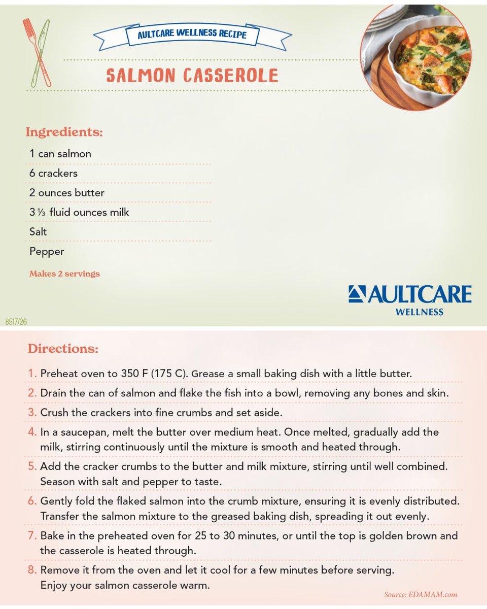 AultCare's tweet photo. If you are looking for a protein packed dinner that is nutrient dense, look no further than salmon casserole! With only 6 ingredients, this simple recipe will be sure to impress. https://t.co/J6yVDc3uDU