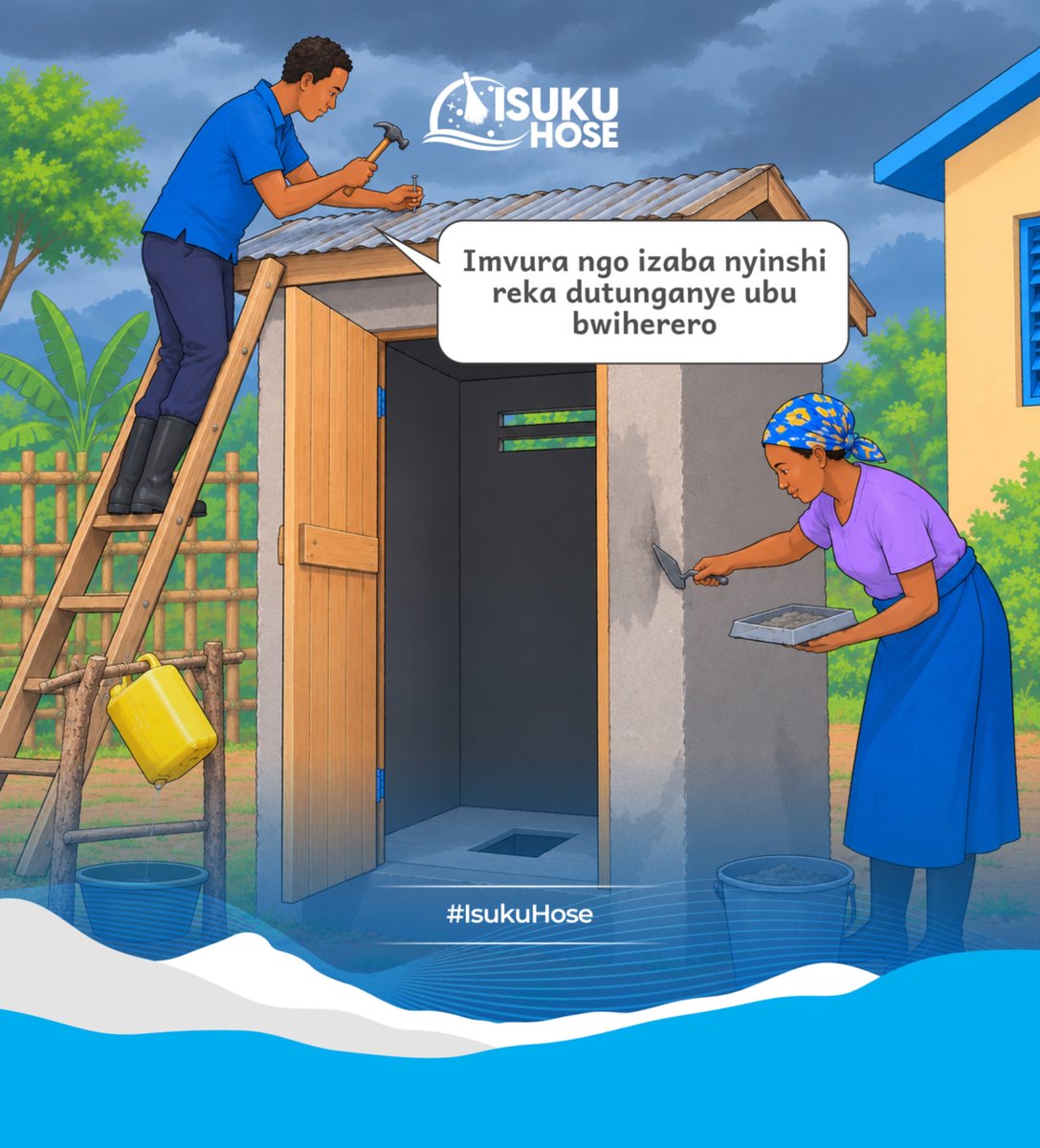 RBCRwanda's tweet photo. 📢 Twatangiye bya bihe by’imvura bidasanzwe.

Mu bihe nk’ibi hashobora kubaho imyuzure ikaba yakwangiza amasoko y’amazi, bityo bigatera indwara n’ibiza byibasira ubuzima bw’abantu. 

Rinda ubuzima bwawe n’abawe uzirikana ibi:
❗ Koresha amazi asukuye neza.   
❗ Gira ubwiherero bwujuje ibisabwa: Bwubakiye, busakaye, butinze neza, bupfundikiye kandi buhorana isuku.
❗ Sibura imiyoboro y’amazi.   
❗Ita ku Isuku hose: 
✅Ukaraba intoki kenshi ukoresheje amazi meza n’isabune
✅ Uteka amazi yo kunywa, uyabika mu bikoresho  bisukuye kandi bipfundikiye.
✅Usukura ibiribwa kandi ukabiteka neza.
✅Ukusanya imyanda yo mu rugo kandi ukayishyira ahabugenwe cyangwa mu kimoteri .
✅Ukuraho ibidendezi by’amazi n’ubundi bwororokero bw’imibu.

❌Kirazira kumena imyanda cyangwa amazi mabi aho ubonye hose, nko muri ruhurura n'ahandi.

Isuku ni isoko y'ubuzima
#IsukuHose
#iSuku