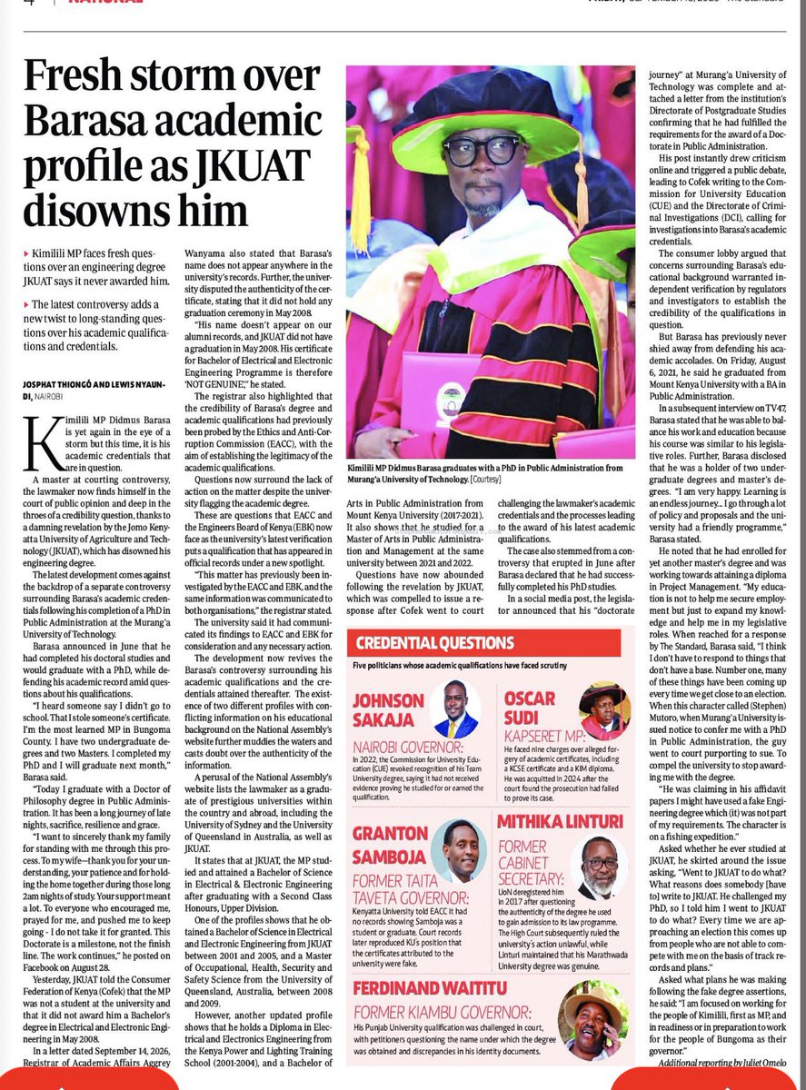 smutoro's tweet photo. STATEMENT ON HON DIDMUS BARASA
I understand why Hon. Didmus Barasa, MP for the good people of Kimilili, is very bitter. He has lost round one. But he knows I hold nothing personal against him. The case is against CUE and Murang'a University. He is only an interested party.

My case is simple. My young brother's academic papers cannot withstand scrutiny. One does not climb a tree from the top. There can be no PhD without a valid first degree. But he is not the problem. The institutions are.

He may call me names. He may digress. He also knows the many calls and messages he has sent me - over the last few weeks. He is my junior in age, academics and much else. I will therefore do all I can to protect him from the harm he is inflicting on himself. I can only fight with his boss and sponsor. Not with him.

I urge his legal counsel to guide him on the sub judice rule. Forgery of public documents by a State officer is a very serious offence. So is the murder charge against him — and whose file is still open. Under Chapter Six of the Constitution, including Articles 73 and 75, the consequences of a conviction include being barred from public office.

I hope he will be guided accordingly. Let him take a break from the campaigns and prepare to meet COFEK and I in court. I am equal to the task. It will be messy and noisy. There is already a casualty!