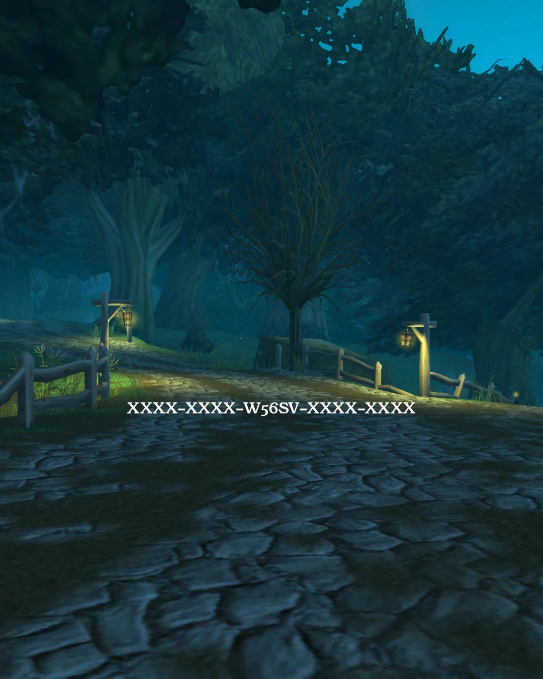 A misty pathway in a forest at dusk, with cobblestone ground and wooden fences lining the sides. Dim lanterns illuminate the path, surrounded by tall trees.