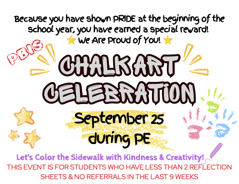 BarronEPISD's tweet photo. Barron Pioneer Students will celebrate with a PBIS 'Chalk the Block' event Friday, 9-25-26 during their PE times. Eligible students must not have received 2 Reflection Sheets or Discipline Referrals. https://t.co/xamRyD8Dn3