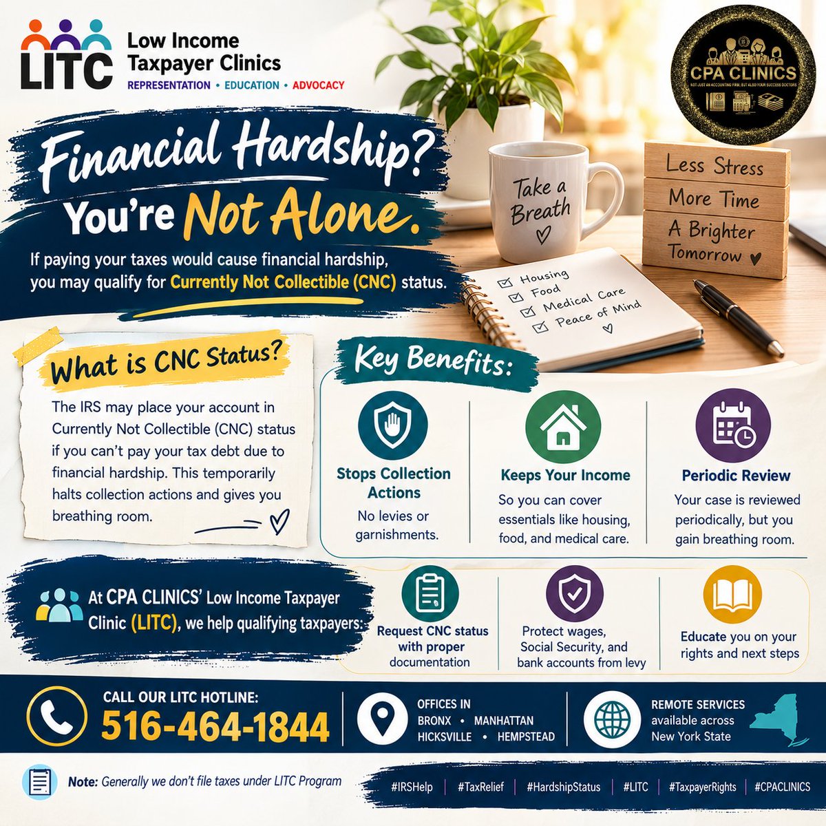 CPACLINICS's tweet photo. 🚨 Financial Hardship? You're Not Alone.
You may qualify for CNC status to pause IRS collections.
CPA CLINICS LITC helps with docs, levy protection &amp; rights education.
Call 516-464-1844
#TaxRelief #LITC #TaxpayerRights #CPAINICS https://t.co/HyUyHm318j