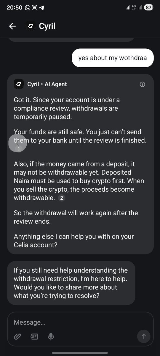 pilotuwp's tweet photo. @CeliaWallet Buy/Sell &amp; Withdrawal have been disabled on my account since yesterday, leaving my ₦30,500 inaccessible.

I've contacted support multiple times but only receive the same automated response. Please review and resolve this urgently. https://t.co/aQzlsHRY12