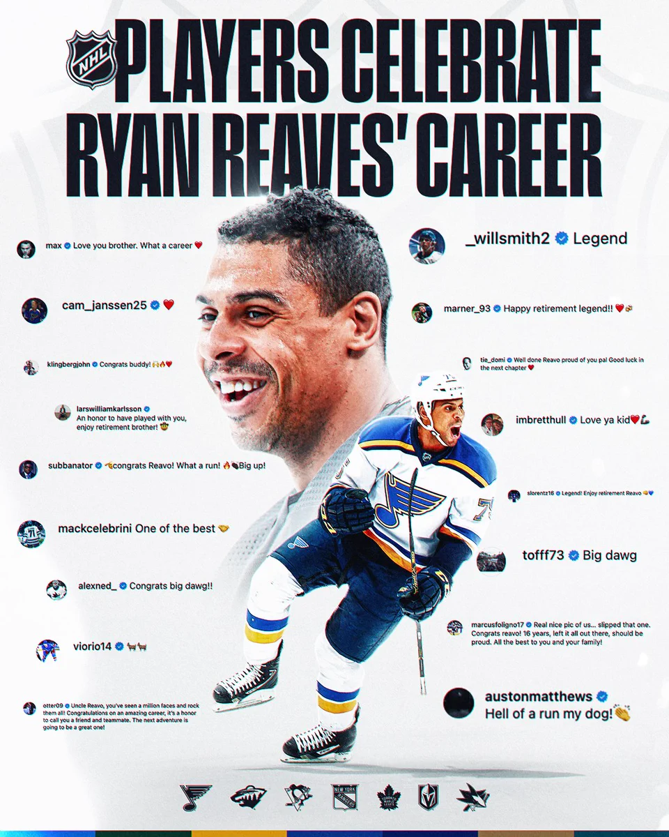 Top: Black text on a white background reads, "Players celebrate Ryan Reaves' career"

Main: Cutouts of Ryan Reaves in the middle of multiple comments from players on his retirement. Below are the following logos in this order:

STL-MIN-PIT-NYR-TOR-VGK-SJS