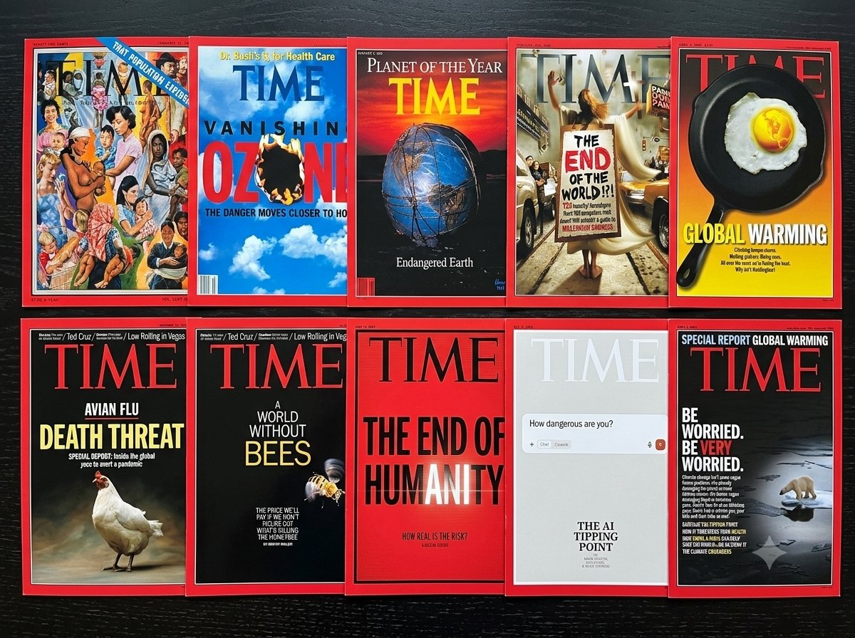 DrEliDavid's tweet photo. Time magazine's doomer covers:
1954 nuclear war
1960 population explosion
1970 ecological collapse
1982 nuclear war
1989 endangered Earth
1992 ozone
1999 Y2K
2001/2006/2007 climate
2005 pandemic
2009 extinction
2013 bees
2019 climate
2020 pandemic
2023 AI extinction
2026 AI tipping point