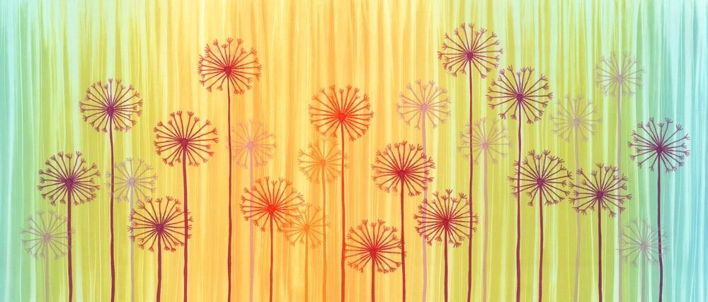 printreb's tweet photo. Garden Stars is a monotype painting of alliums, beloved by garden designers for their bold spherical forms and striking seedheads. Their structure is complex, so I used a trace monotype method, drawing on the back of the paper to create soft printed lines, then adding detail to the seedheads. I aimed to capture their architectural beauty and seasonal interest from autumn into winter. https://t.co/9qWI7TxPJT