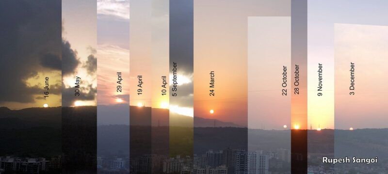 Composite of 11 photos with sun just above a low mountain showing positions of the sun at dawn on 11 dates.