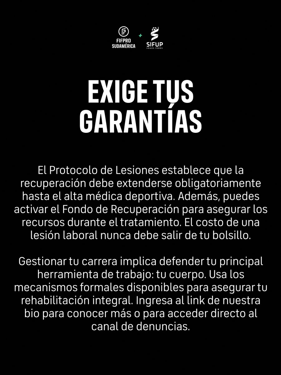 FIFProAmerica's tweet photo. El control de tu salud y de tu carrera.

SIFUP refuerza el seguimiento del Protocolo de Lesiones y habilita una plataforma para denuncias anónimas sobre negligencias médicas en los clubes.

Conoce tus garantías para asegurar tu alta médica deportiva.

https://t.co/buoSaID19b

@FIFPRO @sifup @CONMEBOL