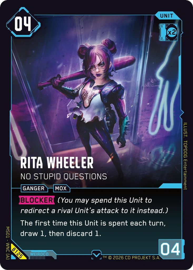 saldamico02's tweet photo. Card Origin Lore: Rita Wheeler B125 - From Cyberpunk 2077

➡️Mox bouncer at Lizzie's Bar in Watson.

➡️Shows up at night near the Growl FM vans by Batty's Hotel in Pacifica. (Need Phantom Liberty DLC).
#cyberpunk #cyberpunktcg https://t.co/5aEJjsCmY0