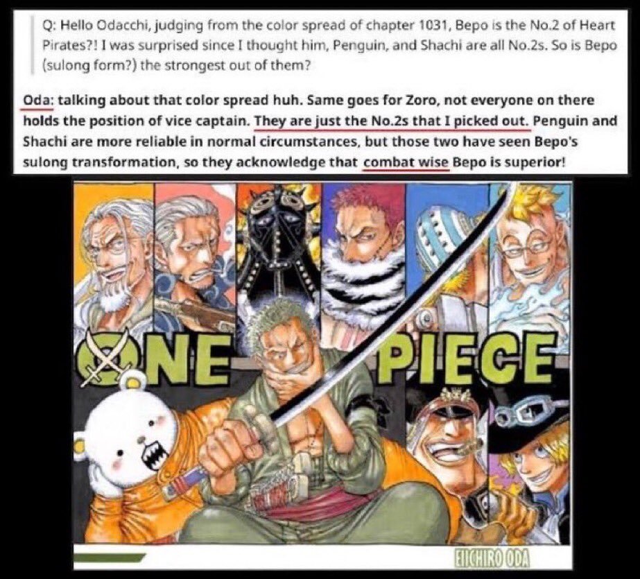 TripWalkerz's tweet photo. @BudhaniKrish @Faaru20 @MarcoGrandFleet Because that guy, just like you, is an illiterate.

Oda explicitly does not have them as equals in strength. They're equal in importance as wings.

Oda's only statement on their strength outright excluded Sanji from being paired with Zoro. https://t.co/woA5raKyQS
