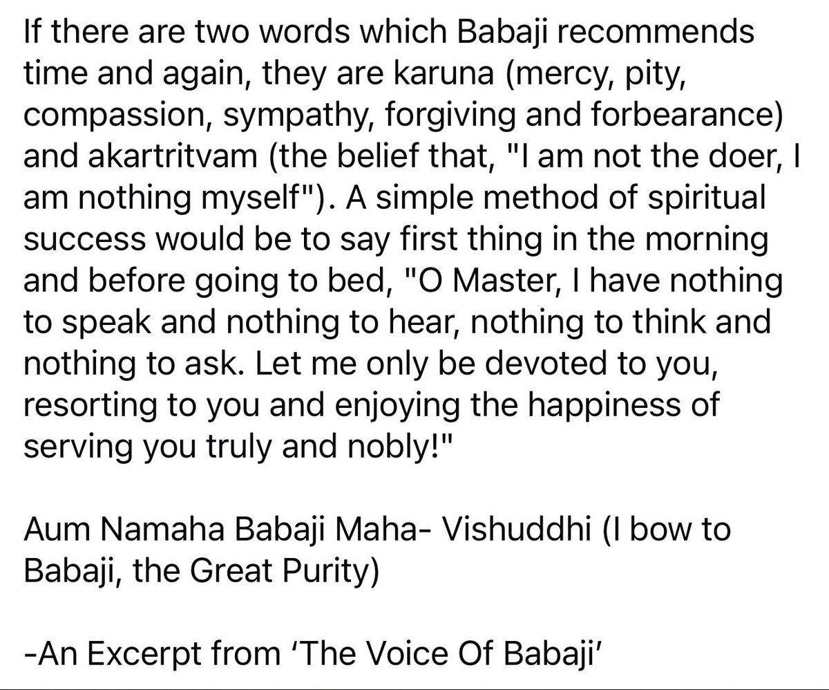 ombabajiom's tweet photo. A simple method of spiritual success would be to say first thing in the morning &amp; before going to bed, "O Master, I have nothing to speak &amp; hear, nothing to think &amp; ask. Let me only be devoted to you, resorting to you &amp; enjoying the happiness of serving you truly &amp; nobly!"
OM! https://t.co/AmFoZm6MFP