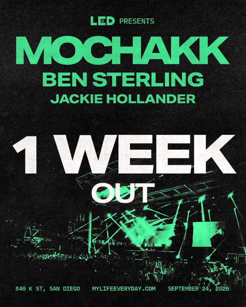 LEDpresents's tweet photo. 1 WEEK OUT ⚡ @MochakkMusic takes over Gallagher Square at Petco Park next Thursday, September 24 with @bensterling_dj + @jackieholland3r.

Don’t wait to lock in your spot >>> https://t.co/elkrzvjaP0 https://t.co/iZiffUkT6j