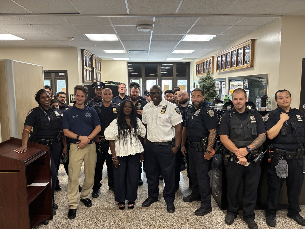 NYPD67Pct's tweet photo. Thank you to Mrs. Stewart for addressing roll call today and inviting our officers to the annual 5K run honoring the late Detective Dillon Stewart https://t.co/Ul700ysJN3