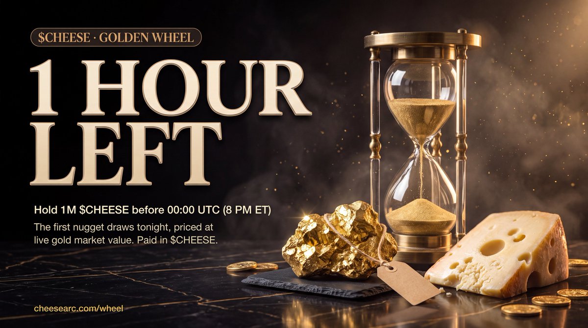 cheeseonarc's tweet photo. 1 hour left before golden nuggets are distributed to $CHEESE holders. You must hold 1M token to receive. https://t.co/Kfph7oHGA7