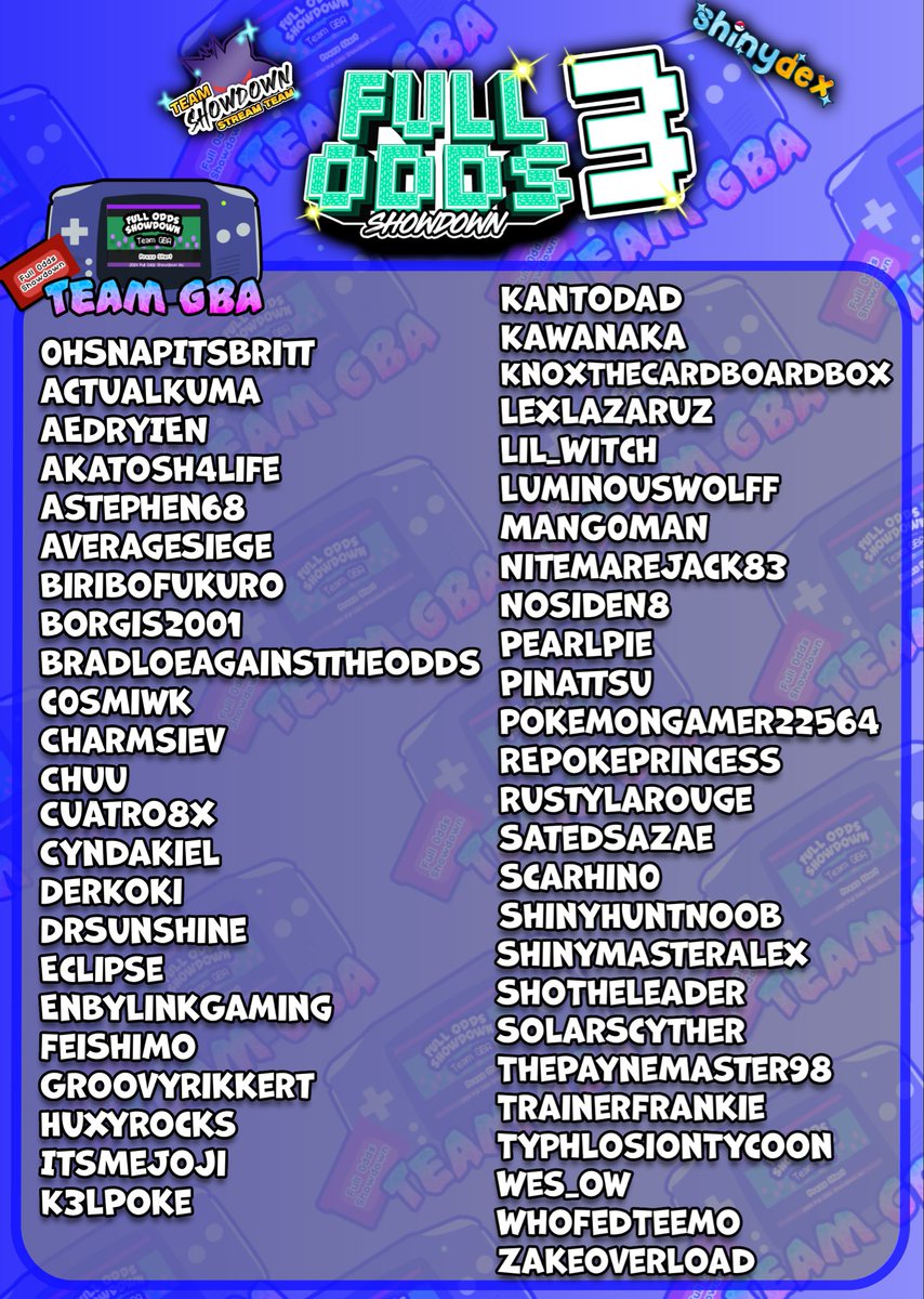 TeamShowdownHQ's tweet photo. TEAM ANNOUNCEMENTS!!! GBA GBA GBA 

Can yall go back to back this year?

#shinyshowdown #fullodds https://t.co/NoxfbKDhbI
