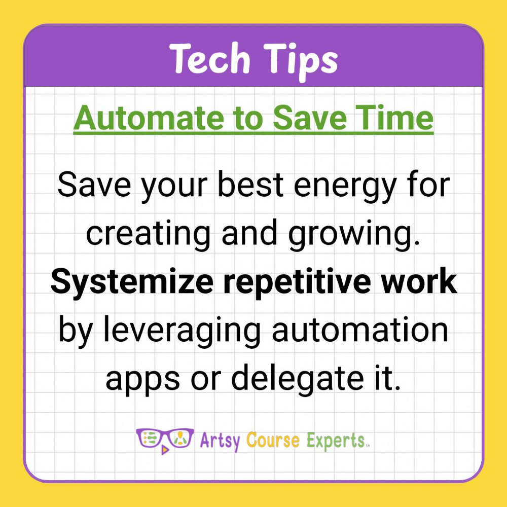 ArtsyCourseExp's tweet photo. You don’t have to do everything… 👀 If a task doesn’t need your personal attention, automate it or delegate it so that it's off your plate.

Less repetitive work means more time, energy, AND a more manageable workload!

Learn more here → https://t.co/OEZ7p9SmPz https://t.co/Gy1p76w97q
