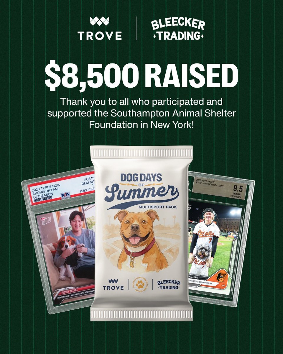 Trovexyz's tweet photo. Cards for a cause. $8,500 raised. 🐶

Together with @BleeckerTrading and our collecting community, the Dog Days of Summer pack raised $8,500 for Southampton Animal Shelter Foundation!

Thank you to everyone who opened a pack and helped make this possible. Proud to support the Southampton Animal Shelter Foundation and the work they do for animals in need. 💚