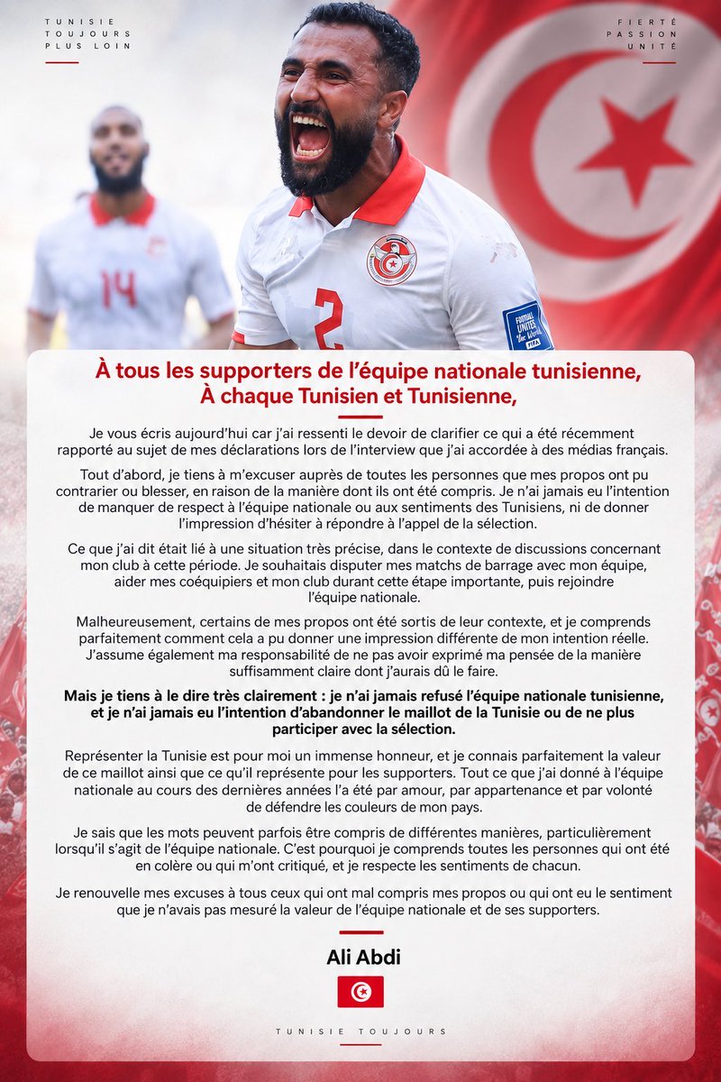KooraTounsia_'s tweet photo. 🚨 | Ali Abdi 🇹🇳 présente ses excuses aux supporters tunisiens après son interview 🎙️ avec l’OGC Nice 🇫🇷

#tunisia #football #viral #tendances #abdi https://t.co/yman12TUS1