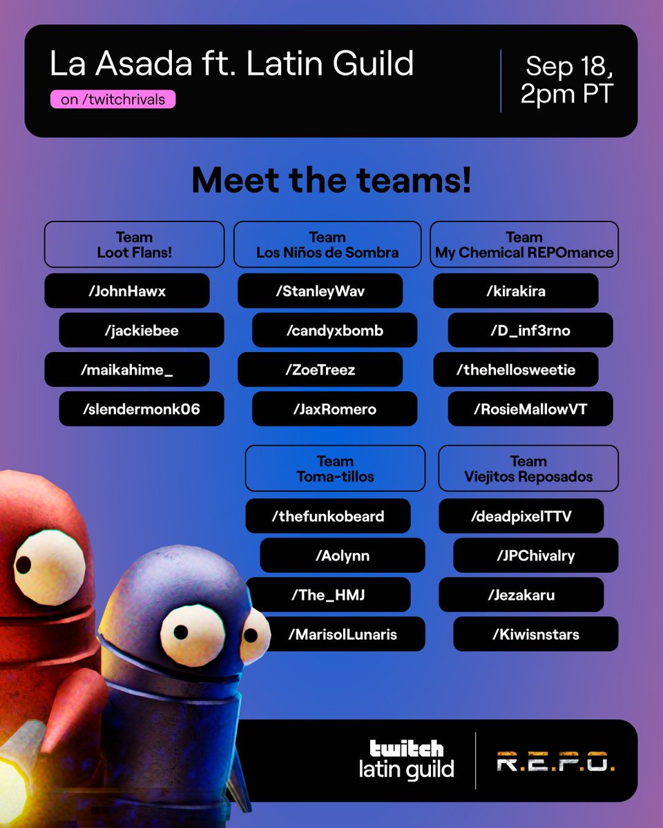 TwitchRivals's tweet photo. They're here to celebrate. Say hi to the crew!

📍La Asada ft. Latin Guild on Twitch Rivals
🗓️ Sep 18, 2pm PT 
📺/TwitchRivals https://t.co/naBslHwuzD