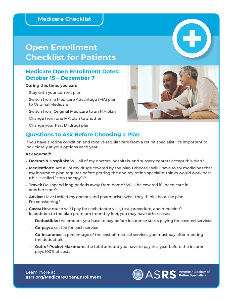 asrsdocs's tweet photo. Medicare Open Enrollment starts in a few short weeks.

If you’re thinking about switching plans, make sure you review our Medicare Open Enrollment Patient Checklist first.

Retina patients should take a close look at:
• Whether your plan will continue to cover your retina specialist and needed medications
• If the plan requires preauthorization for tests or procedures
• Whether it uses “step therapy” (or “fail first” policies) that could delay or restrict the treatment your retina specialist recommends

Take Note: Original Medicare does not allow step therapy.

Get the facts you need to make an informed choice: https://t.co/aRHU6Ry5dz

#HealthyAgingMonth #RetinaSpecialists