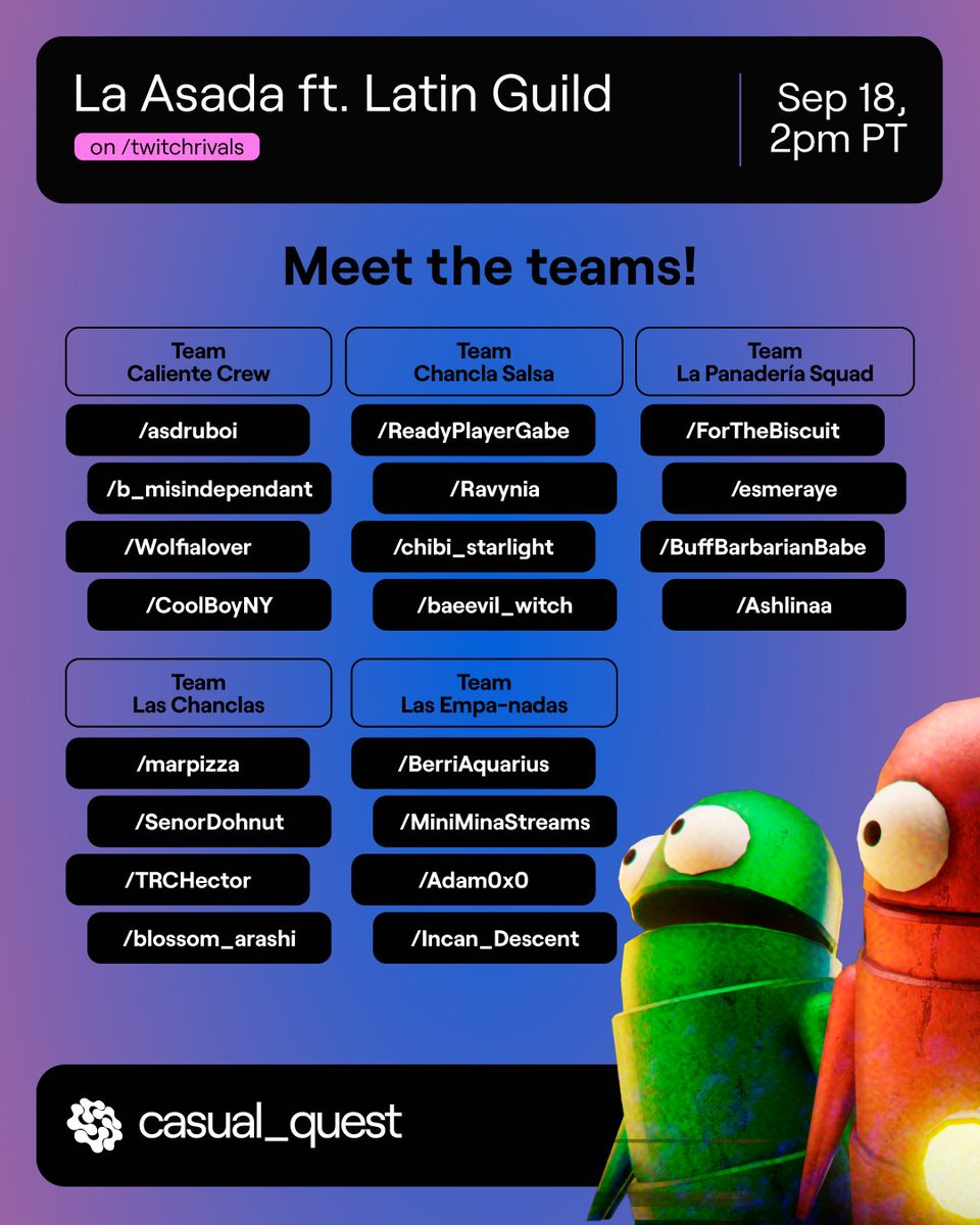 TwitchRivals's tweet photo. They're here to celebrate. Say hi to the crew!

📍La Asada ft. Latin Guild on Twitch Rivals
🗓️ Sep 18, 2pm PT 
📺/TwitchRivals https://t.co/naBslHwuzD