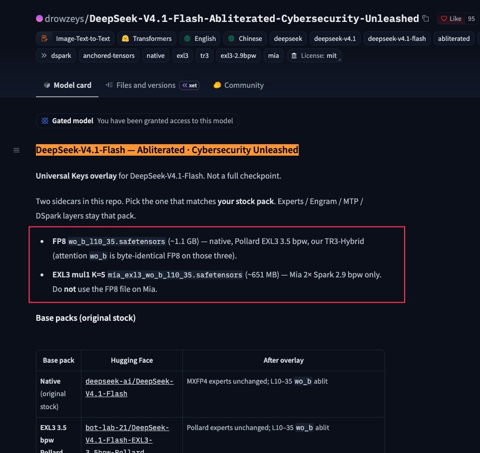 aacle_'s tweet photo. NEW LOCAL MODEL FOR CYBERSECURITY 🚨 

DeepSeek-V4.1-Flash-Abliterated-Cybersecurity-Unleashed

> Build on DeepSeek-V4.1-Flash 🧠⚡

> Safety Rails Stripped 👀

Run it locally with DGX Spark / Powerful PC 

For SECURITY TESTING On Real Targets 🎯

https://t.co/jcxLe7eMDS https://t.co/qNKGvxUZUy