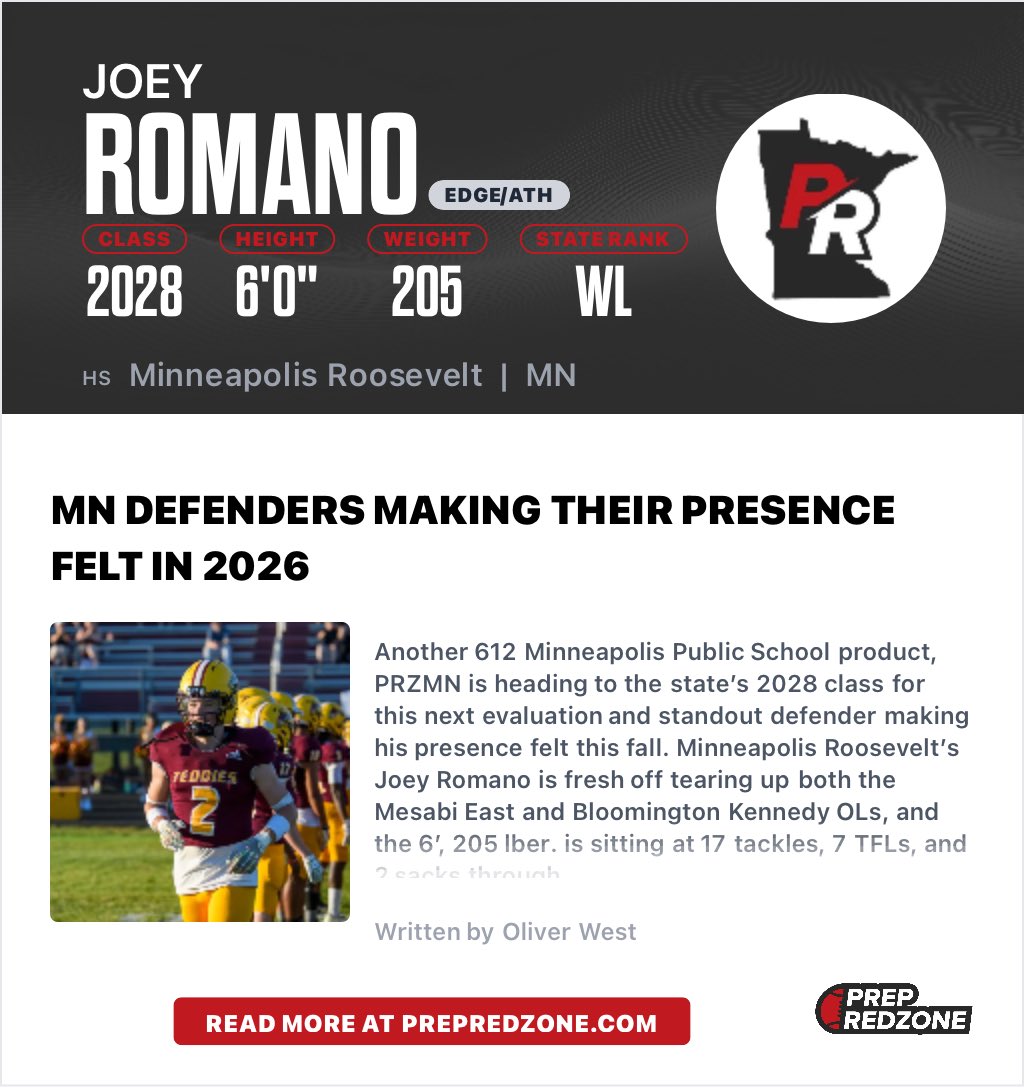 JoeyRomano67297's tweet photo. Thank you @OJW_Scouting for the write up! Can’t wait to keep working and competing.
@MNHSFBNETWORK @MNFBSpotlight @PrepRedzoneMN https://t.co/RyporOres0