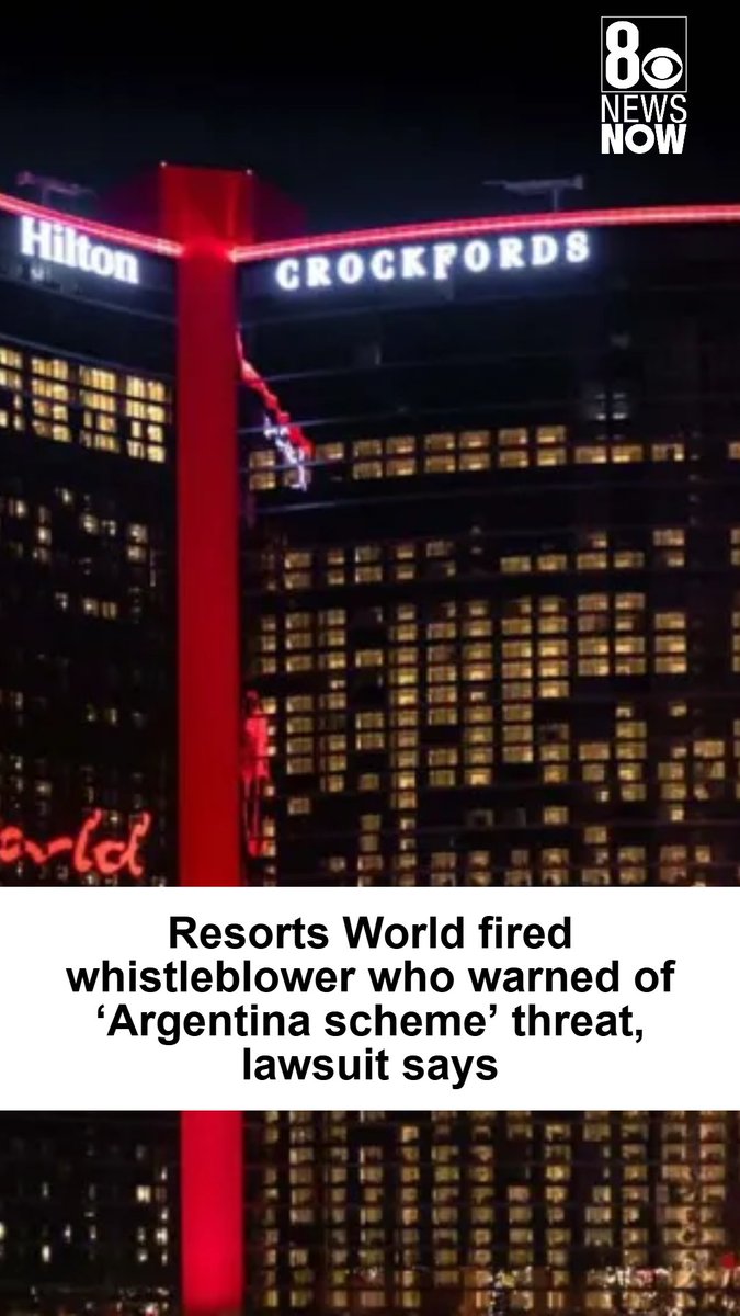 8NewsNow's tweet photo. A former compliance director has sued Resorts World, alleging he was fired 27 days after he warned his bosses about an international money-laundering operation he called the “Argentina scheme.” #8NN  https://t.co/uUAlq8ZLYc https://t.co/3pyoInu5DX