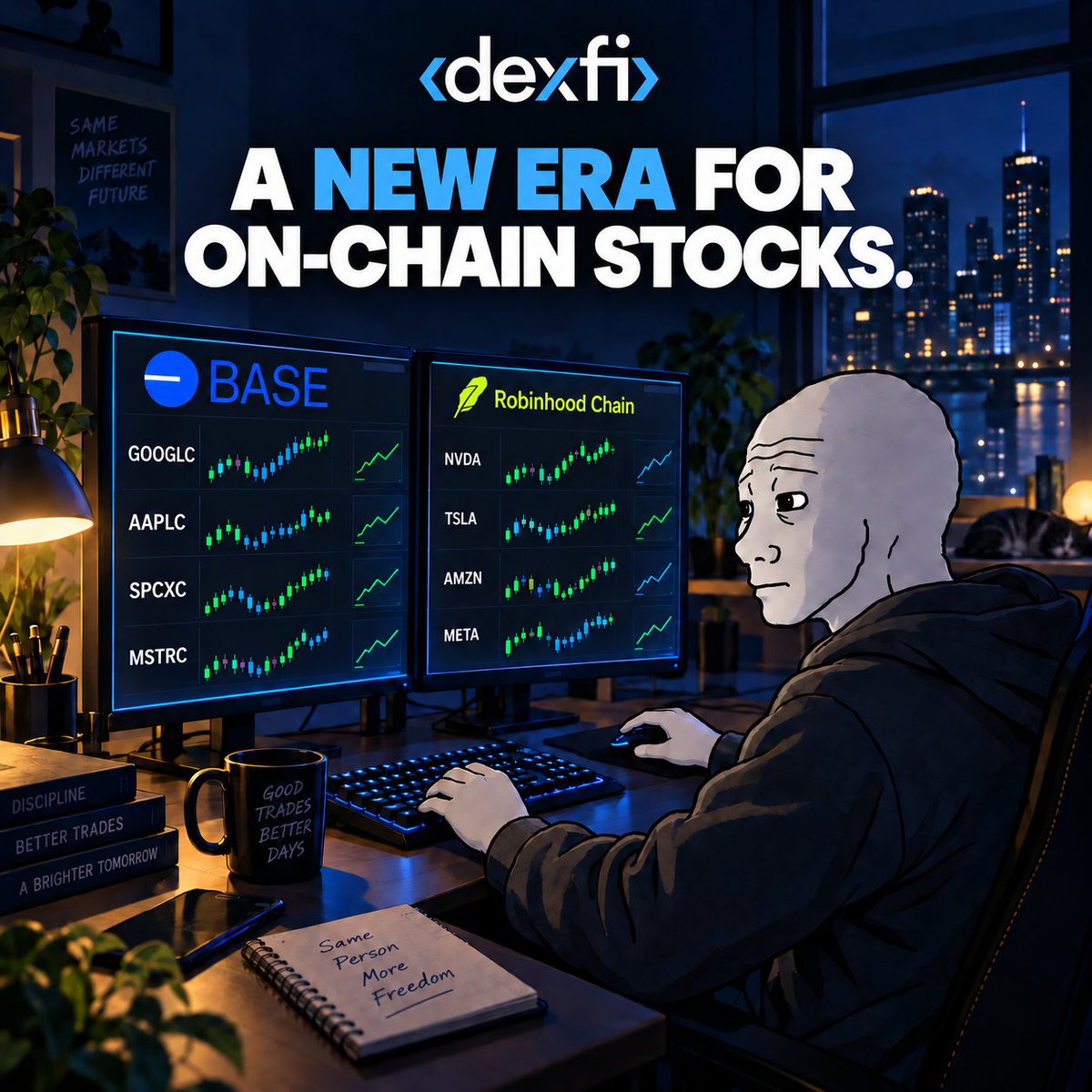 DexFinance's tweet photo. 🎆 Bringing stocks on-chain is just the start. 

We’ve expanded DexFi Vaults with more tokenized stocks on @base and @RobinhoodCrypto chain.

Pick your pairs. Set your take-profit strategy and let the Vault handle the rest. 👨‍🌾

Your stock portfolio just got a DeFi upgrade. https://t.co/DSa4qbX7b2