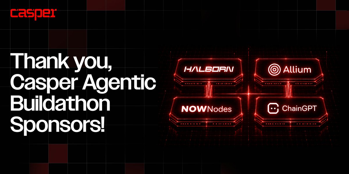 Casper_Network's tweet photo. A special thank you to our Buildathon sponsors 🙏

- @Chain_GPT for the API credits
- @HalbornSecurity, @NOWNodes and @AlliumLabs for judging
- @DoraHacks for hosting

They helped bring 550+ builders and 250+ projects to Casper. https://t.co/5ZfiBpZ7h1
