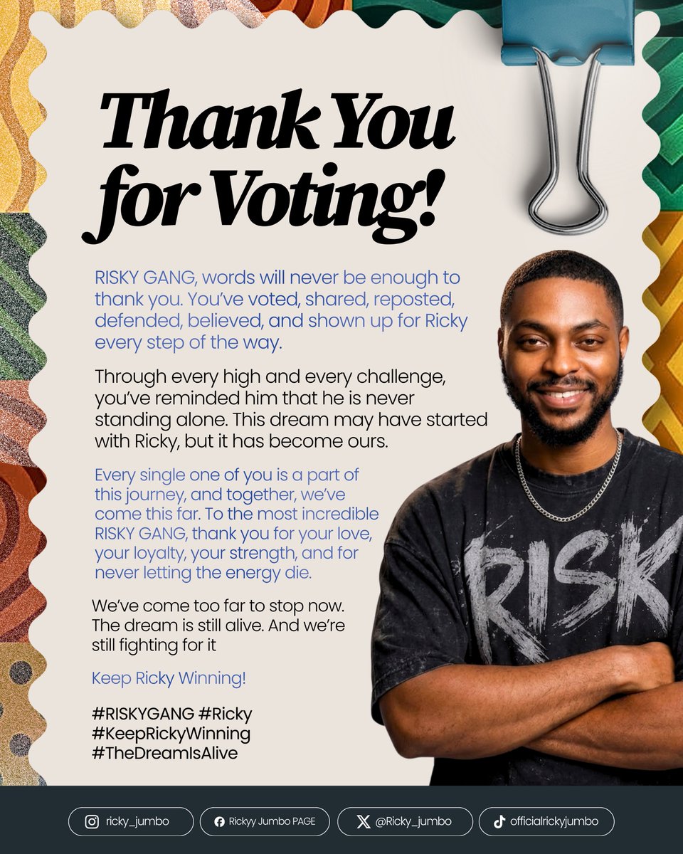 Ricky_jumbo's tweet photo. Odogwu Risky Gang Handler don commot cap for una!!! 🫡🔥

After you, na still you! You people really showed up and showed OUT! 🥹

Thank you for every single vote, every effort, every pressure, and every bit of support for our King. 👑❤️

#BBNaija #RickyJumbo https://t.co/jIjfDX0OIH