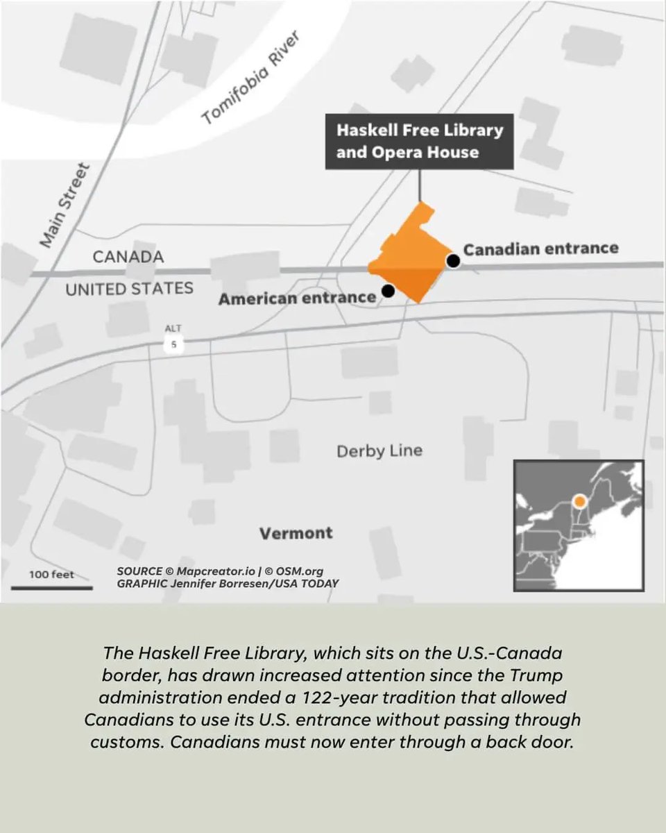 MappedOut2025's tweet photo. The Haskell Opera House is built directly on the US-Canada border. The line cuts right across the theater stage, meaning actors can start a monologue standing in Vermont and finish the sentence while walking into Quebec, Canada https://t.co/g8DjxReotL