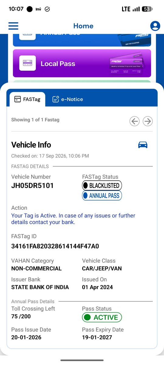 Sensetalkies's tweet photo. @NHAI_Official @TheOfficialSBI @MoRTHIndia @nitin_gadkari
Please intervene urgently!
I purchased the NHAI FASTag Annual Pass, but despite having an active Annual Pass, my FASTag was suddenly showing BLACKLISTED, without any prior intimation.
Vehicle: JH05DR5101
FASTag issued by: State Bank of India
FASTag ID: 34161FA8203286144F47A0
The Rajmargyatra app clearly shows my Annual Pass as ACTIVE, valid from 20-01-2026 to 19-01-2027, with 75/200 crossings remaining. The SBI FASTag status also shows the tag as Active, yet the same screen simultaneously shows BLACKLISTED.
I contacted the SBI FASTag helpline 1800 11 0018. Instead of resolving the issue, I was directed to a local agent (62006 06290). The agent took my PAN card details and told me that the FASTag had been activated.
However, when I reached the next toll plaza, the FASTag was again BLACKLISTED.
I contacted SBI again, and this time I was told to contact NHAI on 1033. NHAI, in turn, is directing me back to the bank.
I am currently travelling and being forced to pay toll charges repeatedly despite having a valid Annual Pass. I have already paid more than ₹500 in just a few hours, and the amount continues to increase.
This is extremely frustrating: SBI and NHAI are passing the responsibility to each other while the customer is bearing the financial loss and inconvenience.
Please:
1. Immediately remove the blacklist/resolve the FASTag issue.
2. Ensure my Annual Pass remains valid and functional.
3. Refund/reimburse the toll charges wrongly collected after the issue occurred.
4. Investigate why my active FASTag/Annual Pass was showing as blacklisted without any prior notification.
5. Provide a clear resolution instead of directing me between SBI and NHAI.
I am attaching screenshots from Rajmargyatra and the FASTag status portal, which clearly show the discrepancy.
@FASTag_NETC
#FASTag #AnnualPass