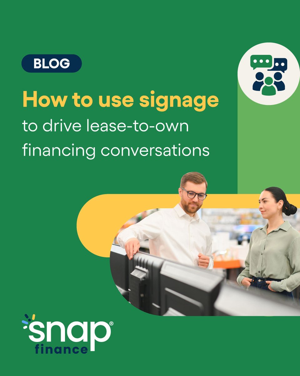 MySnapFinance's tweet photo. With lease-to-own financing signage, customers may make decisions long before they talk to an RSR. 💭

Learn how your signage may help your customers understand Snap’s lease‑to‑own financing earlier in their visit: https://t.co/XQtkDLgz2f https://t.co/lzFURLZdIE